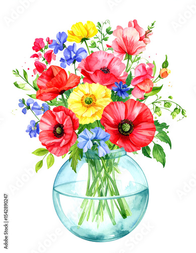 Watercolor Wildflower Bouquet in Glass Vase – Bright Summer Floral Clipart