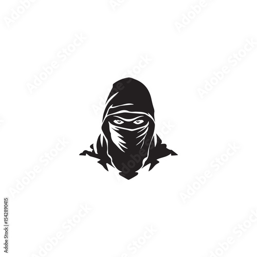 Mysterious ninja silhouette with hood and mask revealing piercing eyes