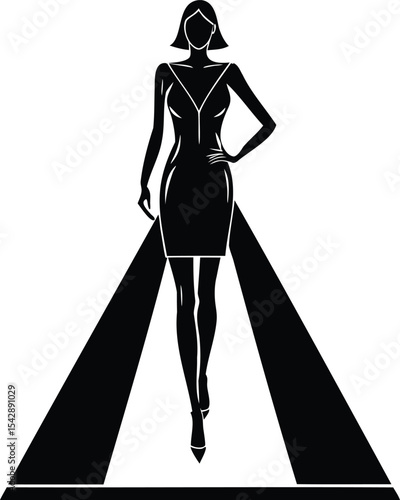 Stylish woman walking on a fashion runway in a sleek black dress