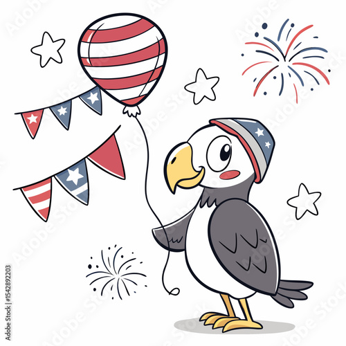Bashful expression on a Condor in a Independence Day (4th of July) theme, with with a balloon – Patriotic Spark vector art