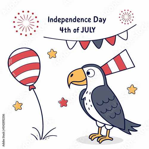 Bashful expression on a Condor in a Independence Day (4th of July) theme, with with a balloon – Patriotic Spark vector art
