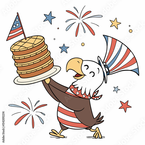 Cute Dreamy Condor, accessorized with balancing a stack of pancakes, in a Independence Day (4th of July) world – Patriotic Spark palette vector