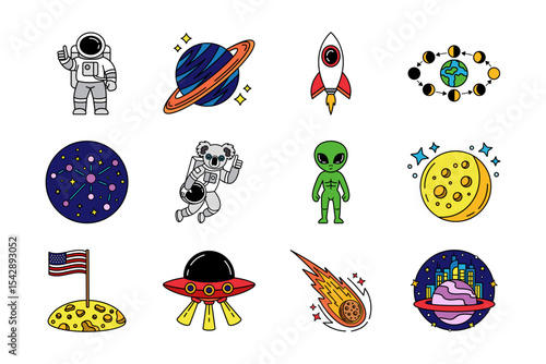 illustration icons of spaceship alien in the galaxy collection