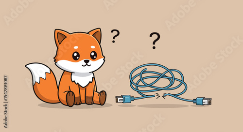 Confused Fox and Tangled USB Cable A Cute Illustration of Tech Troubles