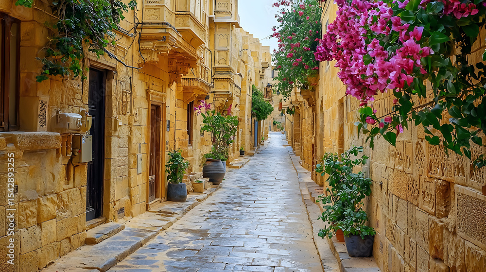Obraz premium Narrow street with old haveli houses historical Indian houses in Jaisalmer. Jaisalmer is known