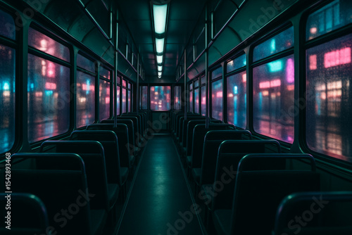 Empty Tram Interior with Symmetrical Seats and Rainy Neon-Lit Cityscape at Night.