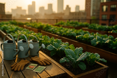 Early-Morning Rooftop Garden with Tools and Thriving Vegetable Beds.