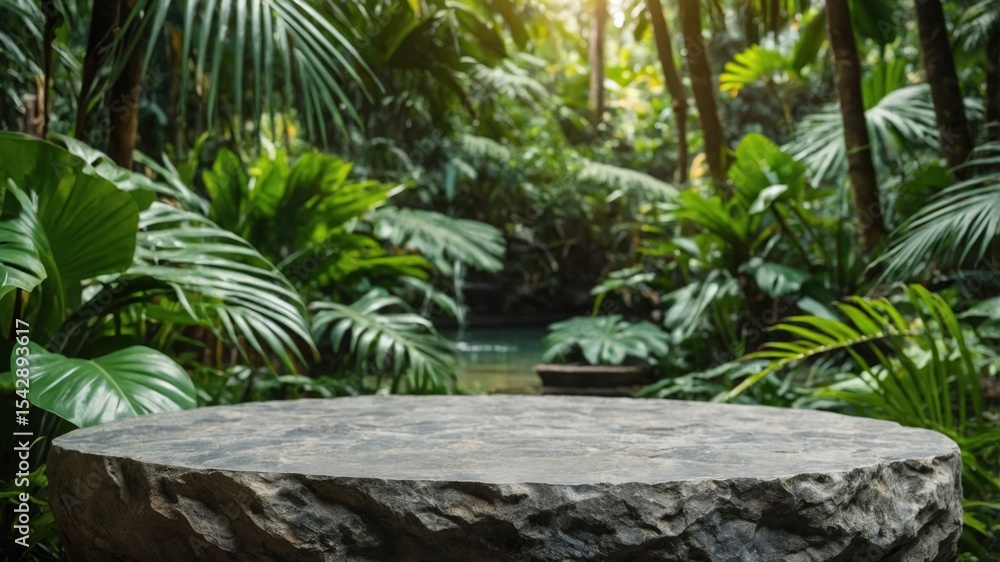 Obraz premium Gray stone table in a lush tropical garden.