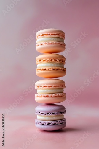 Stack of pastel macarons on pink background
