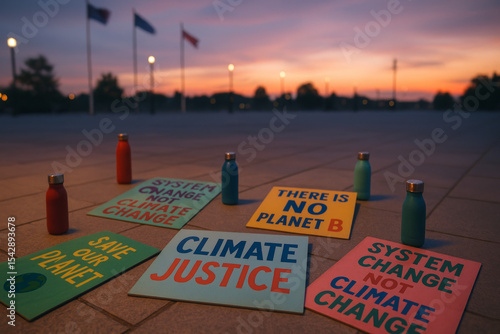 Colorful Climate-Justice Placards and Reusable Bottles on Empty Plaza at Twilight.