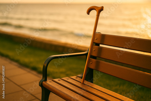 Maple Walking Cane Resting Against Seaside Bench at Golden Hour.
