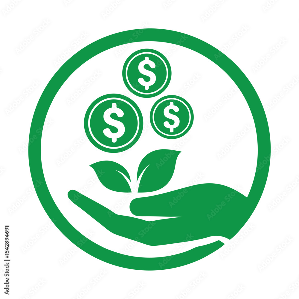 Green Circular Icon Depicting a Hand Holding Growing Money and Leaves Representing Financial Growth and Sustainability Green Circular Icon Depicting a Hand Holding Growing Money and Leaves Representing Financial Growth and Sustainability
