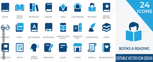 Modern flat vector icon set featuring books, e-readers, bookmarks, and reading accessories. Perfect for educational platforms, libraries, digital publishing, and reading apps.