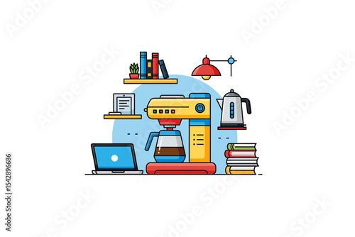 Coffee Maker Brews at Home Office with Laptop and Books