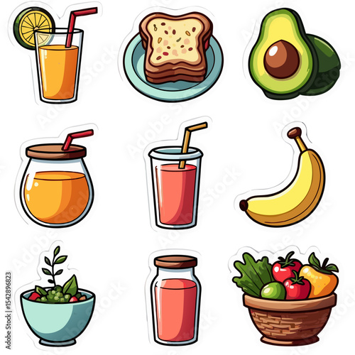 Colorful illustration of healthy food and drinks including avocados, fruit juice, and toast items