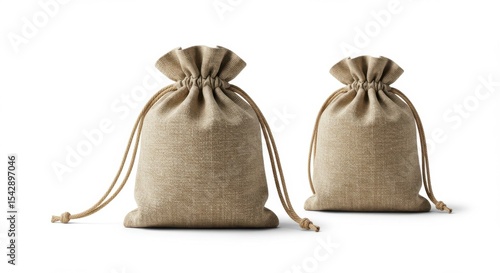 Two natural burlap drawstring bags with a textured finish
