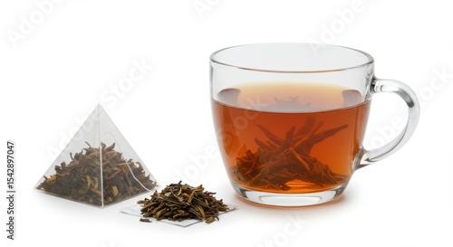 Cup of brewed tea with a pyramid tea bag and loose tea leaves on a white background