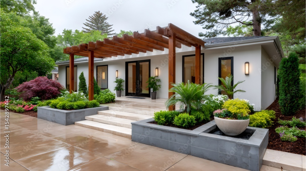 Fototapeta premium Modern house entrance with pergola and landscaping after rain