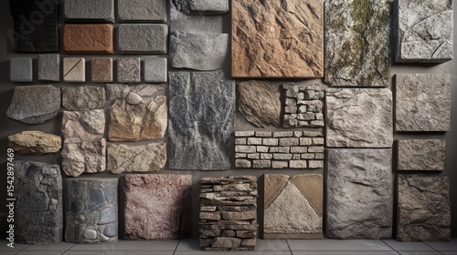 Assortment of decorative stone panels in various shapes sizes and textures on a neutral background