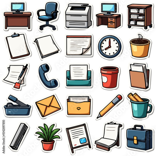 Collection of Office Supplies and Furniture Icons: A sticker set for work and business related topics