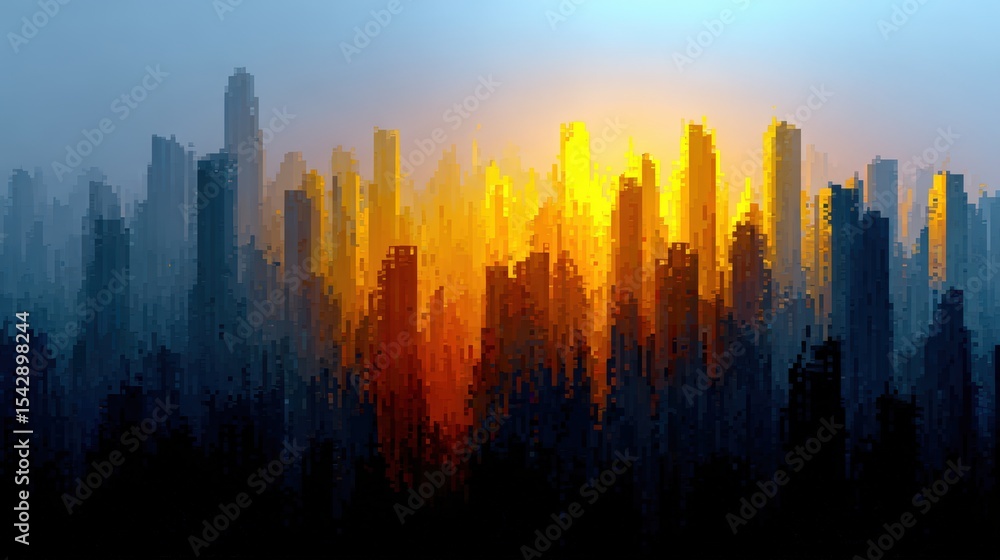 Fototapeta premium Abstract Digital Cityscape with Vibrant Sunset Color Palette