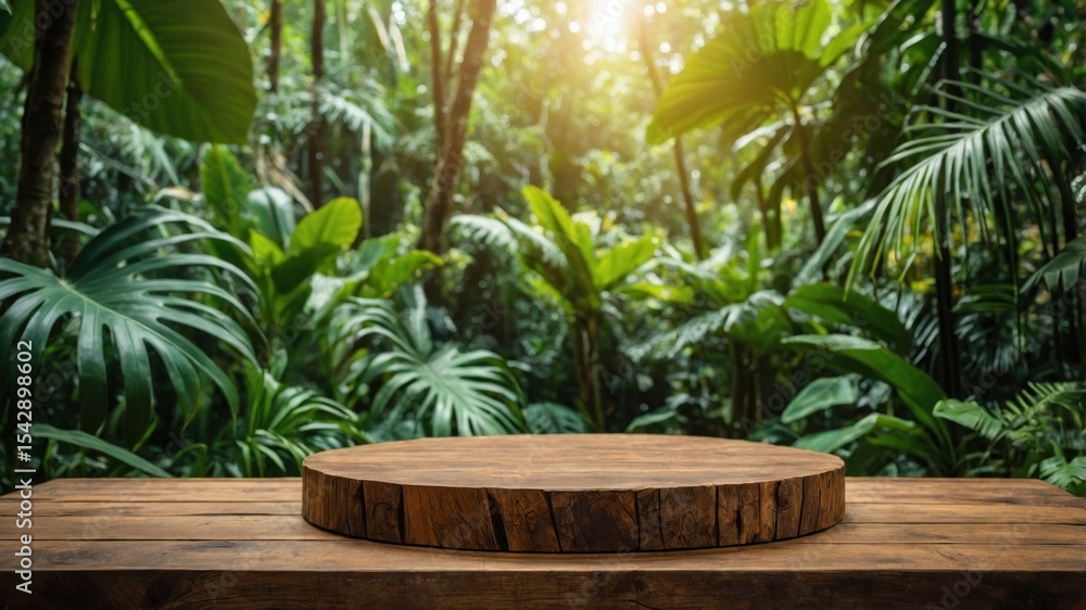 Fototapeta premium Wooden round platform in a lush tropical jungle.