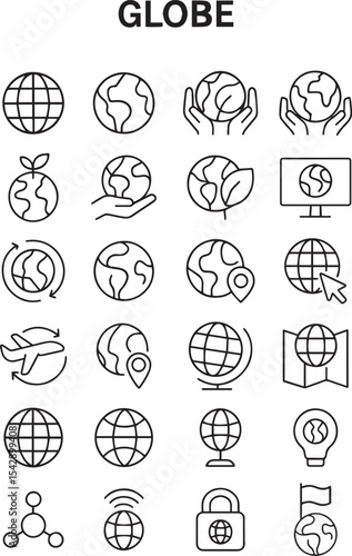 Globe Line Editable Icons set. Vector illustration in modern thin line style of Earth related icons: ecology, care, location, and more. Isolated on white background