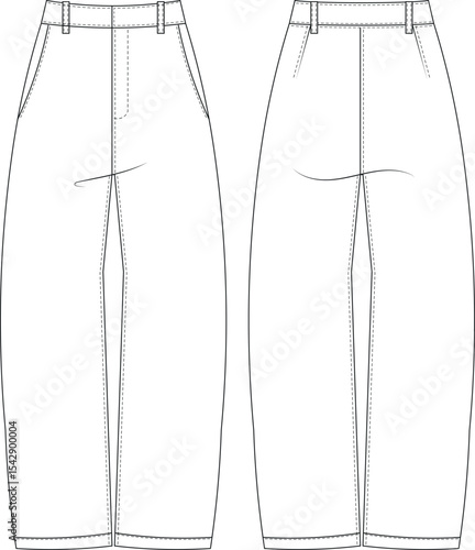 mid high rise waist baggy tapered wide leg trouser pant  darted jean denim template technical drawing flat sketch cad mockup fashion woman design style model 
