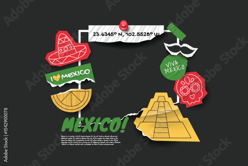 Mexico travel frame collage photos with scrapbook torn paper style.