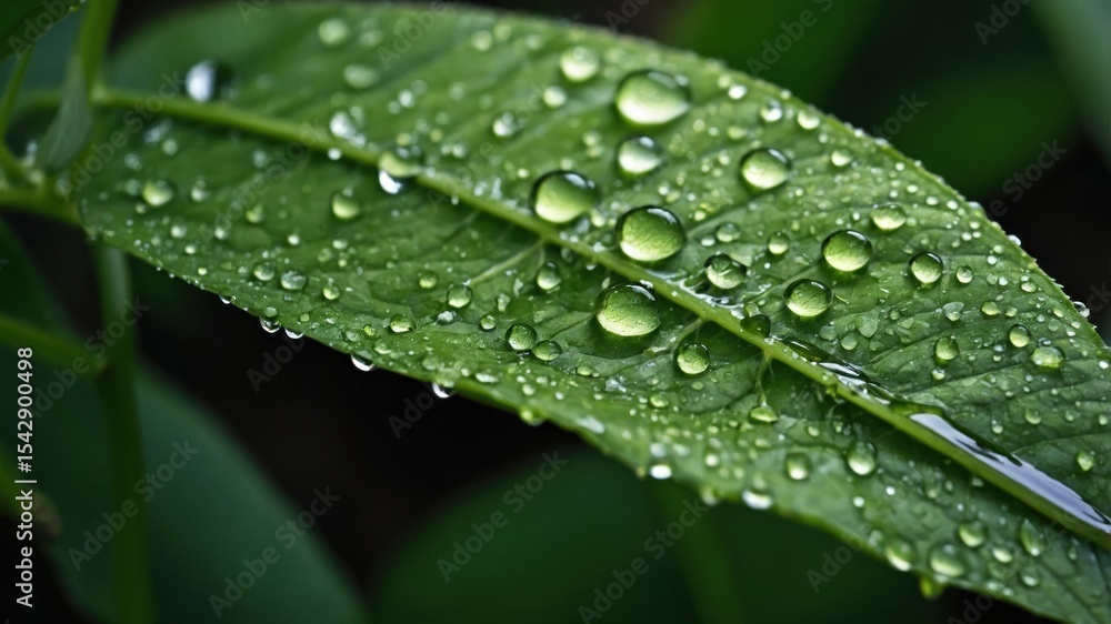 Close-up view of water droplets on a lush green leaf. Close-up view of water droplets on a lush green leaf.