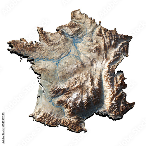 3D Topographic Map of France Showing Rivers and Mountains