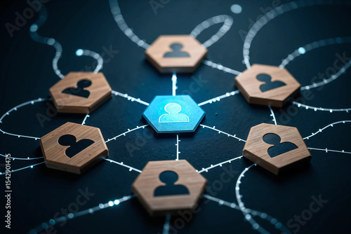 Flatlay showing network structure with central blue hexagon icon representing leader surrounded by wooden business icons, symbolizing teamwork, communication, and employee organization mapping