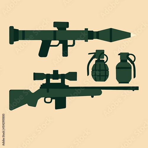 Stylized Green Military Arsenal: RPG Launcher, Sniper Rifle, and Hand Grenades