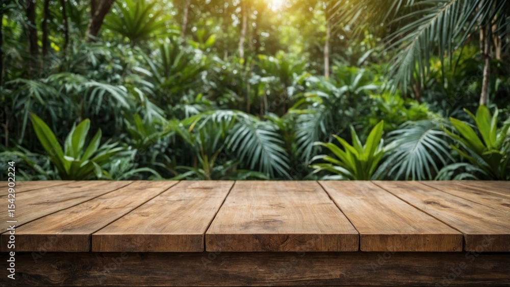 Fototapeta premium Wooden table surface with lush tropical foliage background.