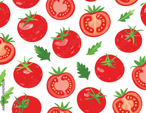 Seamless pattern with hand-painted acrylic style tomatoes. Texture with vegetables, culinary motifs for kitchen, cooking blog, farmers market, grocery,cherry tomato, fresh produce, red tomato, fruit, 