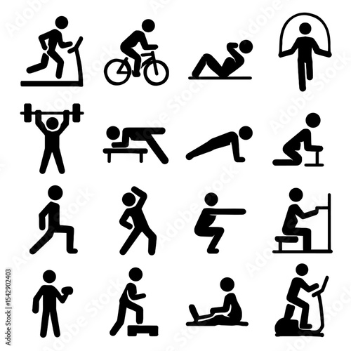 Diverse fitness icons depicting various exercises and workout routines in silhouette