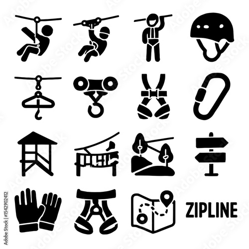 Illustrated Zipline Adventure Icons Depicting Safety Gear and Activities