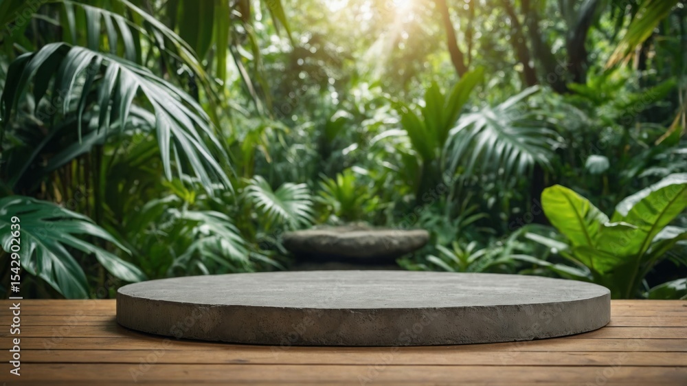 Gray stone platform in a lush tropical garden setting. Gray stone platform in a lush tropical garden setting.