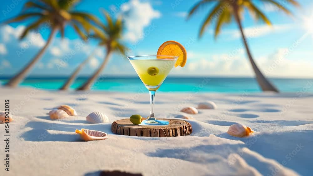 A refreshing martini cocktail placed in front of a sunny tropical beach backdrop with palm trees and blue ocean, creating a perfect summer vibe for a vibrant vacation banner video 