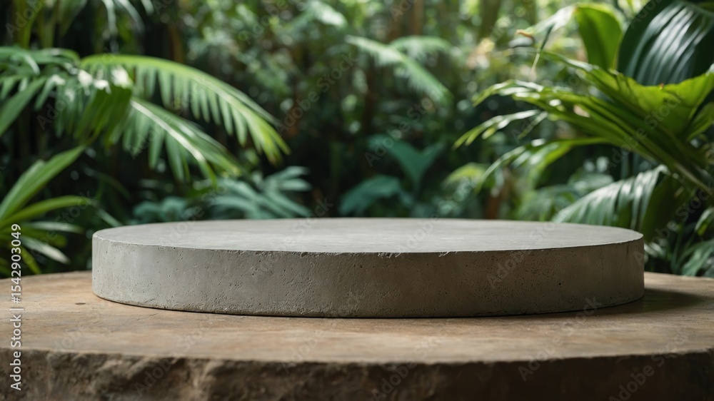 Gray concrete disc platform on a wooden surface amongst lush foliage. Gray concrete disc platform on a wooden surface amongst lush foliage.