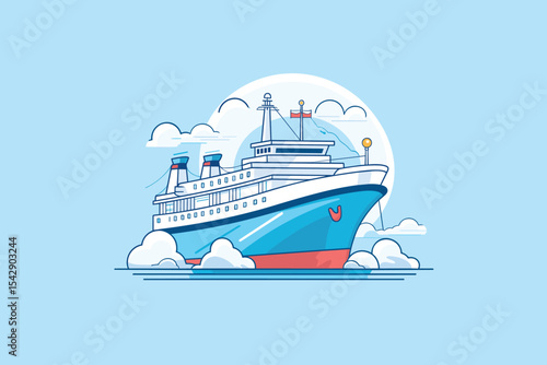 An attractive vector illustration of a cruise ship navigating calm waters under a clear blue sky. The image showcases the ship's lively colors and streamlined design, evoking thoughts of marine travel