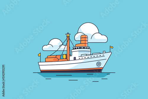 An attractive vector illustration of a cruise ship navigating calm waters under a clear blue sky. The image showcases the ship's lively colors and streamlined design, evoking thoughts of marine travel