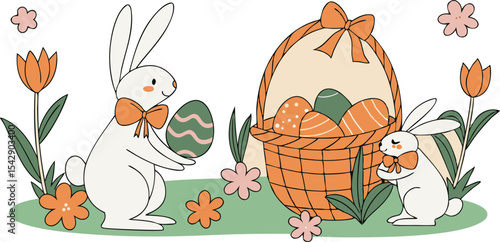 Adorable easter illustration featuring bunnies eggs and a decorative wicker basket