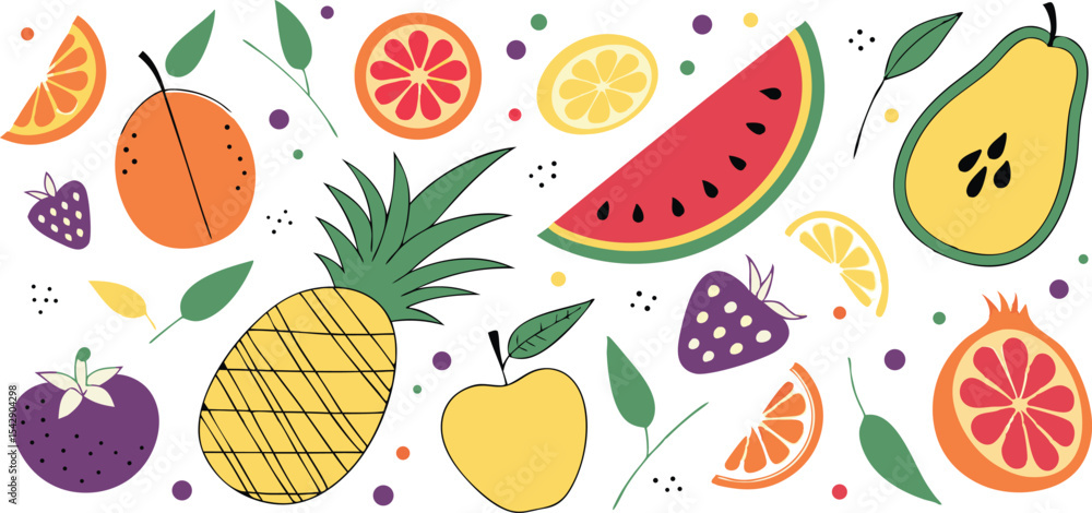 Colorful hand drawn arrangement of various fresh and delicious fruits on white background