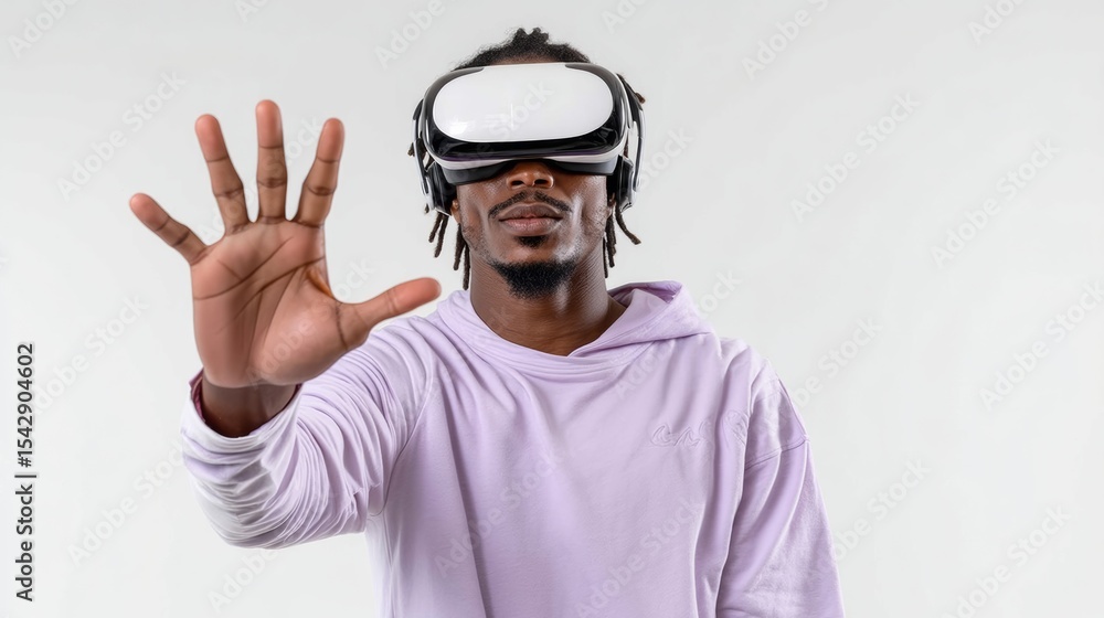 Man wearing a purple hoodie is wearing a virtual reality headset and pointing his hand in the air Man wearing a purple hoodie is wearing a virtual reality headset and pointing his hand in the air