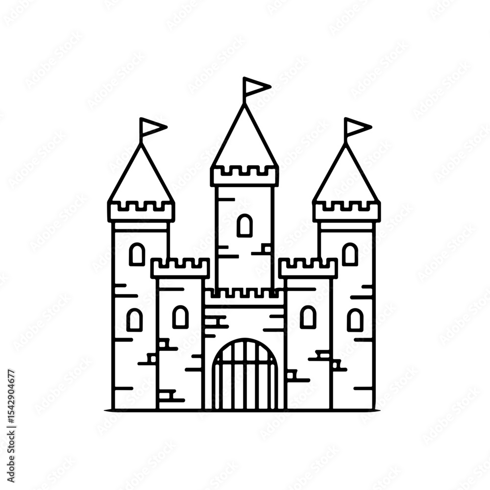 Classic castle illustration with towers and flags in minimalist style Classic castle illustration with towers and flags in minimalist style