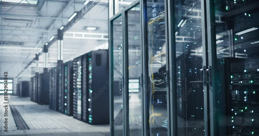 Data Center Storage Facility with Server Cabinets in an Automated Workplace Without People. Supercomputer Cluster Built for Training Artificial Intelligence Large Language Models and Compute Data