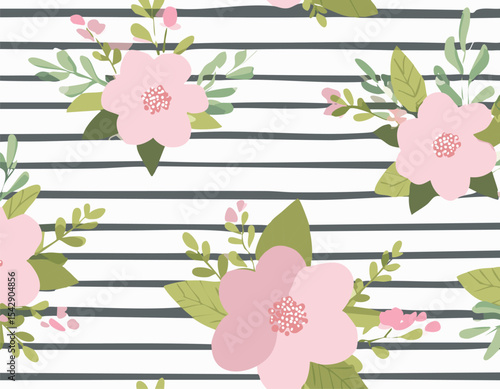 Vector cute cartoon hand drawn illustration. Seamless pattern of pink flowers and leaves on horizontal striped background with heart. Ideal for textile print, baby clothes, wallpaper,border, cosy, 
