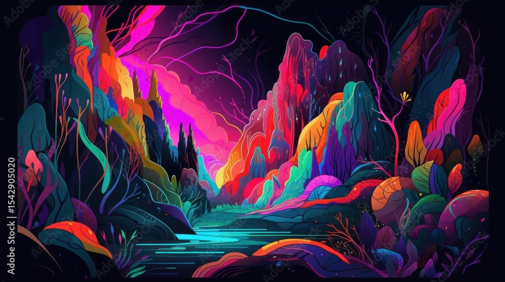 Obraz premium Vibrant landscape with stylized trees and mountains.