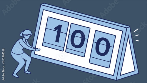 A person carrying a large counter display showing the number one hundred in a light blue illustration